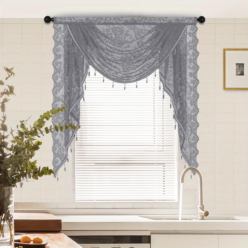 BOYOUTH Elegant Floral Lace Curtain with Waterfall Pearls, Gray, 99 cm Wide