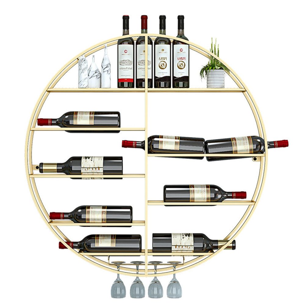 Round Wall-Mounted Wine Rack with Wine Glass Holder, Gold