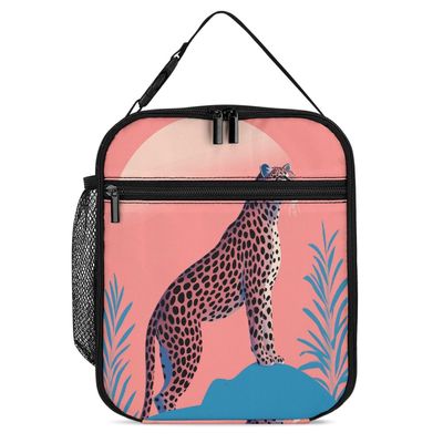 Insulated Lunch Bag for Women with Side Pocket, Minimalist Leopard Print