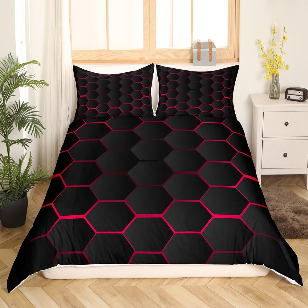 Kids Red and Black Honeycomb Geometric Duvet Cover Set 220 x 240 cm with 2 Pillowcases
