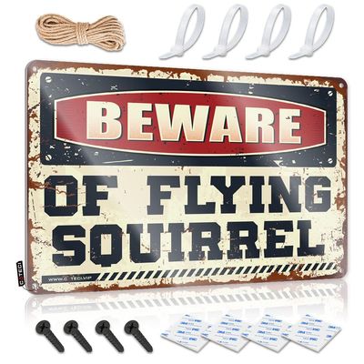 Funny Metal Tin Sign for Bar, Beware of Flying Squirrel, Wall Decor, 20 x 30 cm