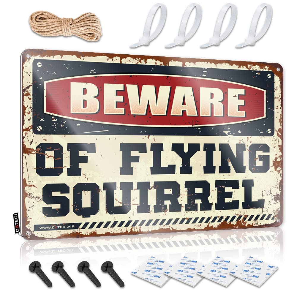 Funny Metal Tin Sign for Bar, Beware of Flying Squirrel, Wall Decor, 20 x 30 cm