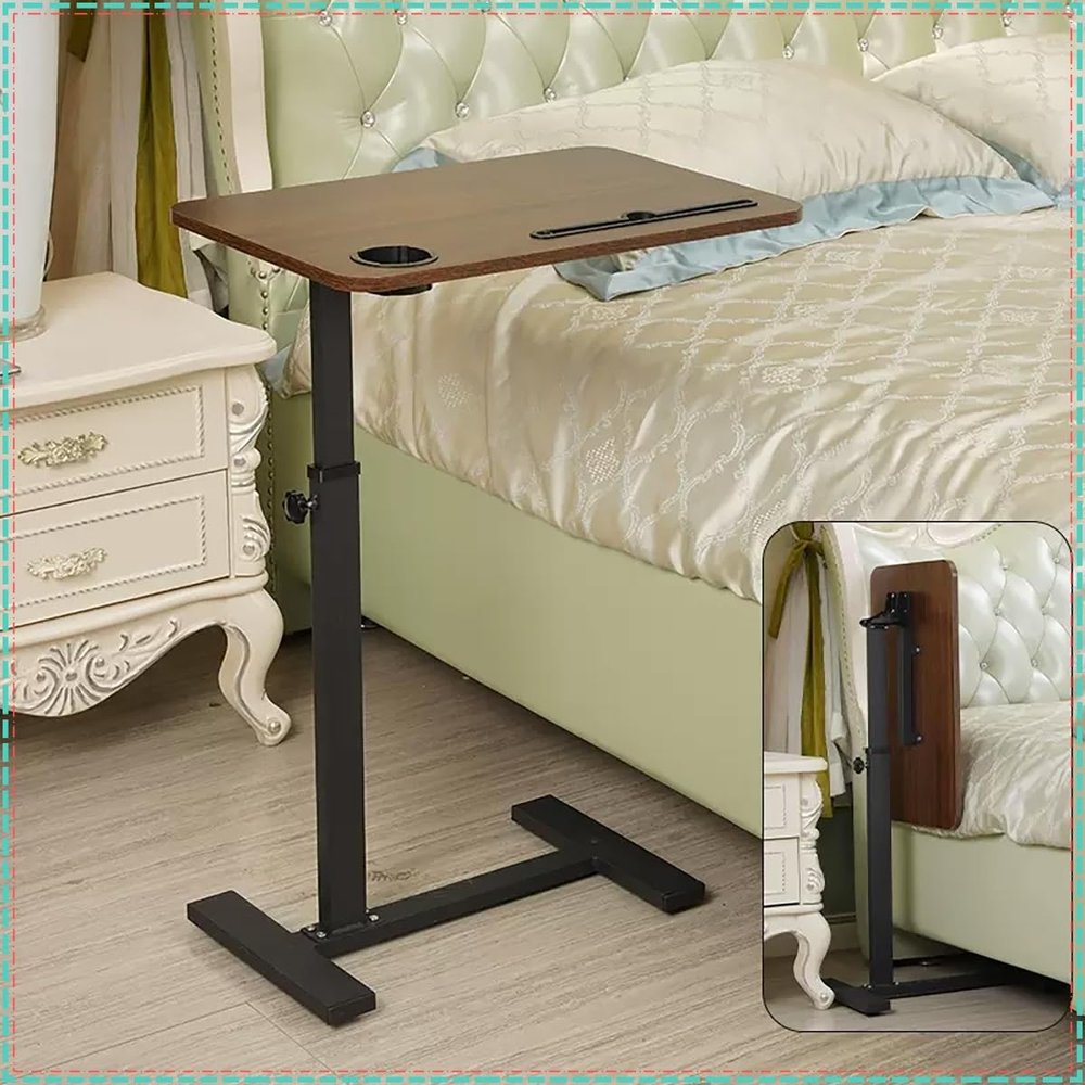 WJFLUCK Rolling Overbed Table, Height-Adjustable Pneumatic Laptop Desk, Walnut