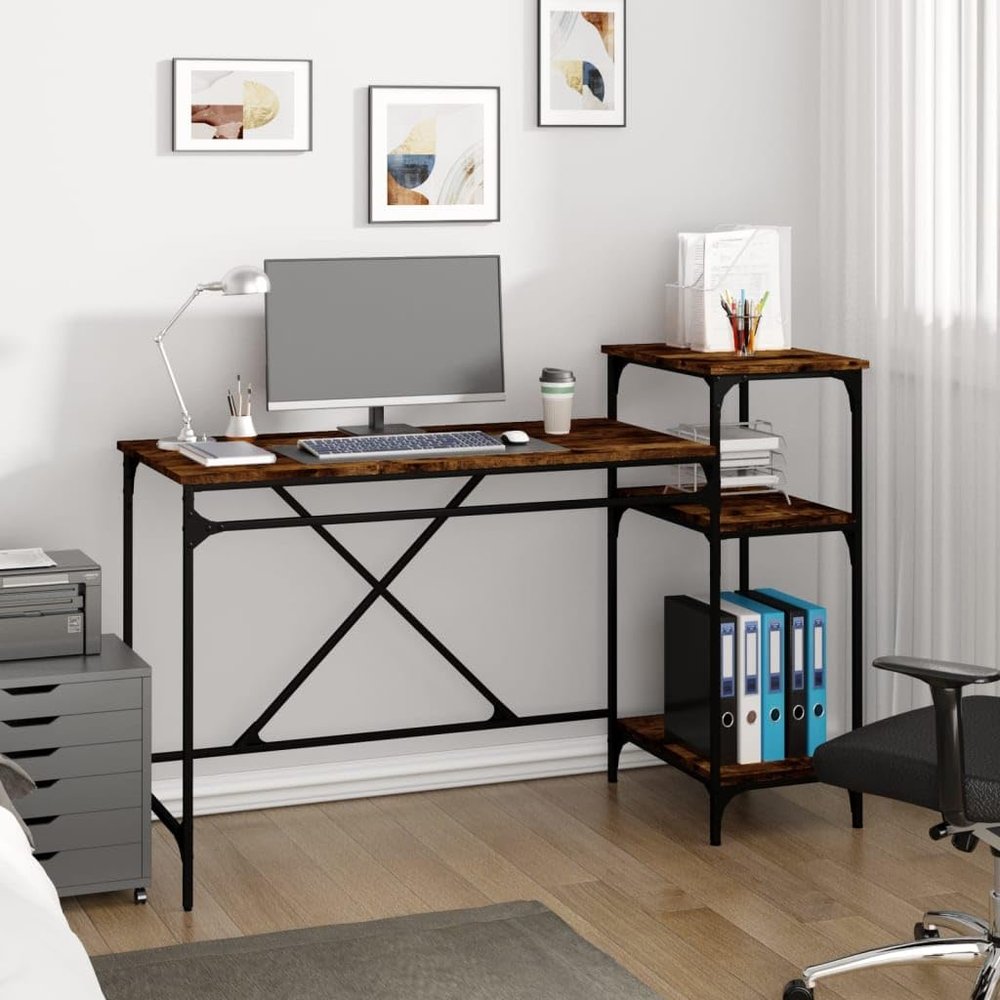Office Desk with Shelves, Smoked Oak, 135 x 50 x 90 cm