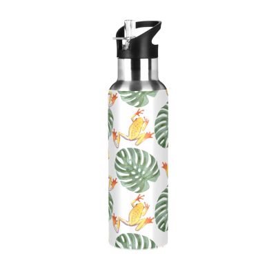 Straw Water Bottle, Leakproof, Tropical Frog & Palm Leaves, Vacuum-Insulated, 600 ml