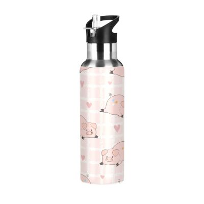 Water Bottle with Straw, Leakproof, Pink Pig Hearts, Vacuum-Insulated, 600 ml