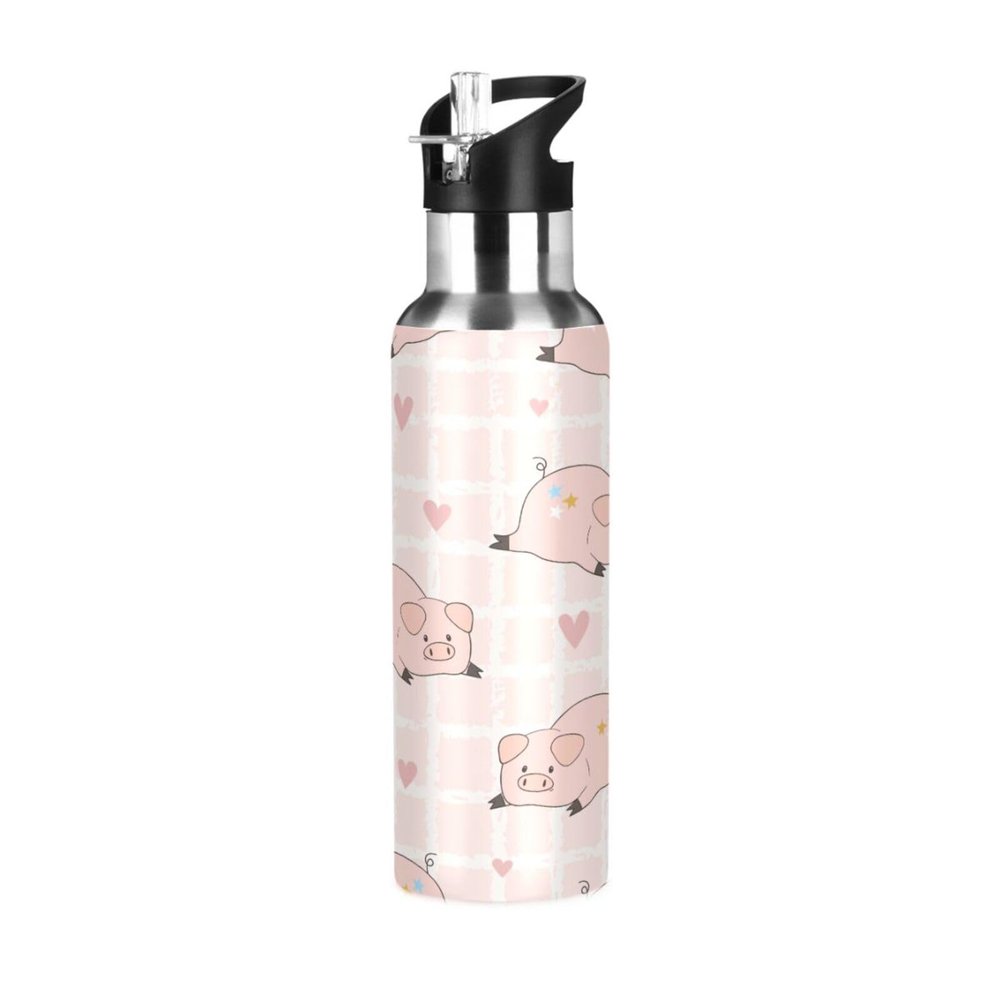 Water Bottle with Straw, Leakproof, Pink Pig Hearts, Vacuum-Insulated, 600 ml