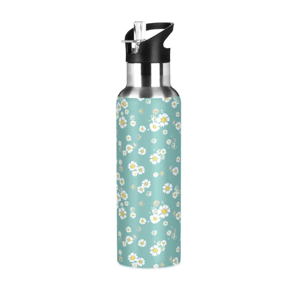 Straw Water Bottle, Leakproof, Daisy, Vacuum-Insulated, 600 ml