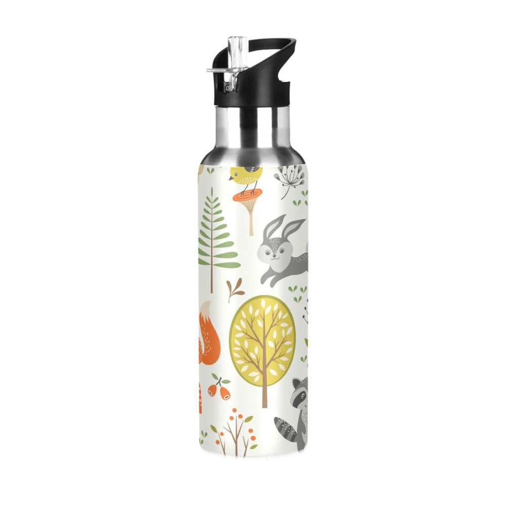 Leakproof Straw Water Bottle, Vacuum-Insulated, Cute Fox and Giraffe Leaves, 600 mL