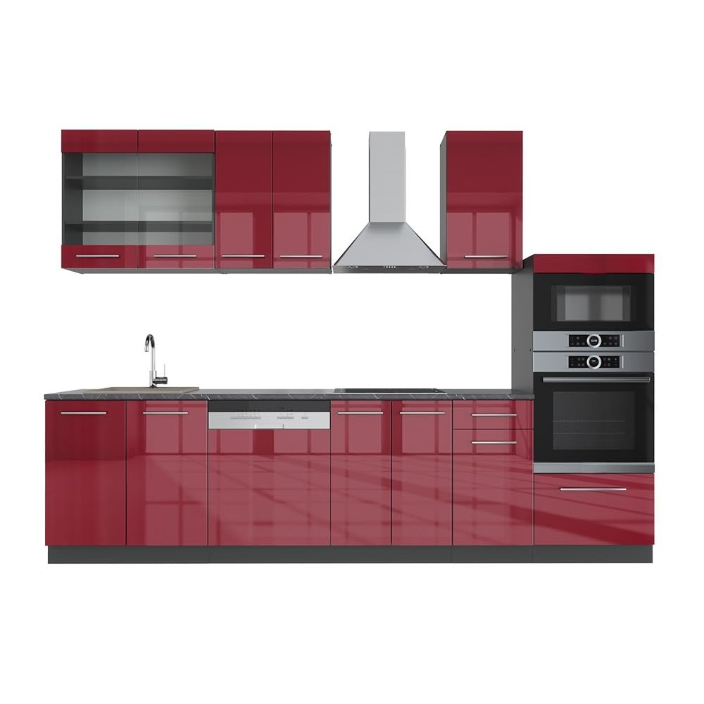 Vicco Fame-Line Kitchen Unit, Bordeaux High-Gloss/Anthracite, 300 cm