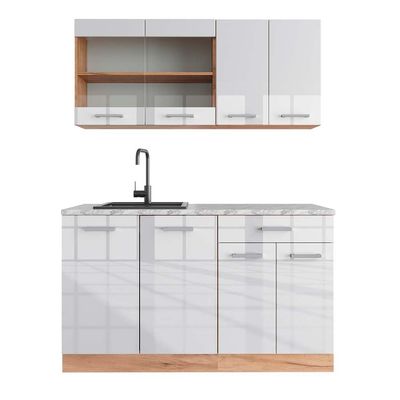 Vicco R-Line Single Kitchen, White High-Gloss/Goldkraft Oak, 140 cm