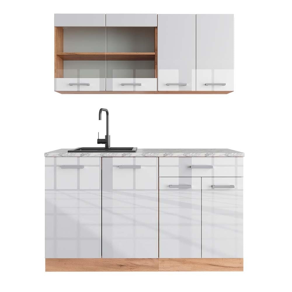Vicco R-Line Single Kitchen, White High-Gloss/Goldkraft Oak, 140 cm