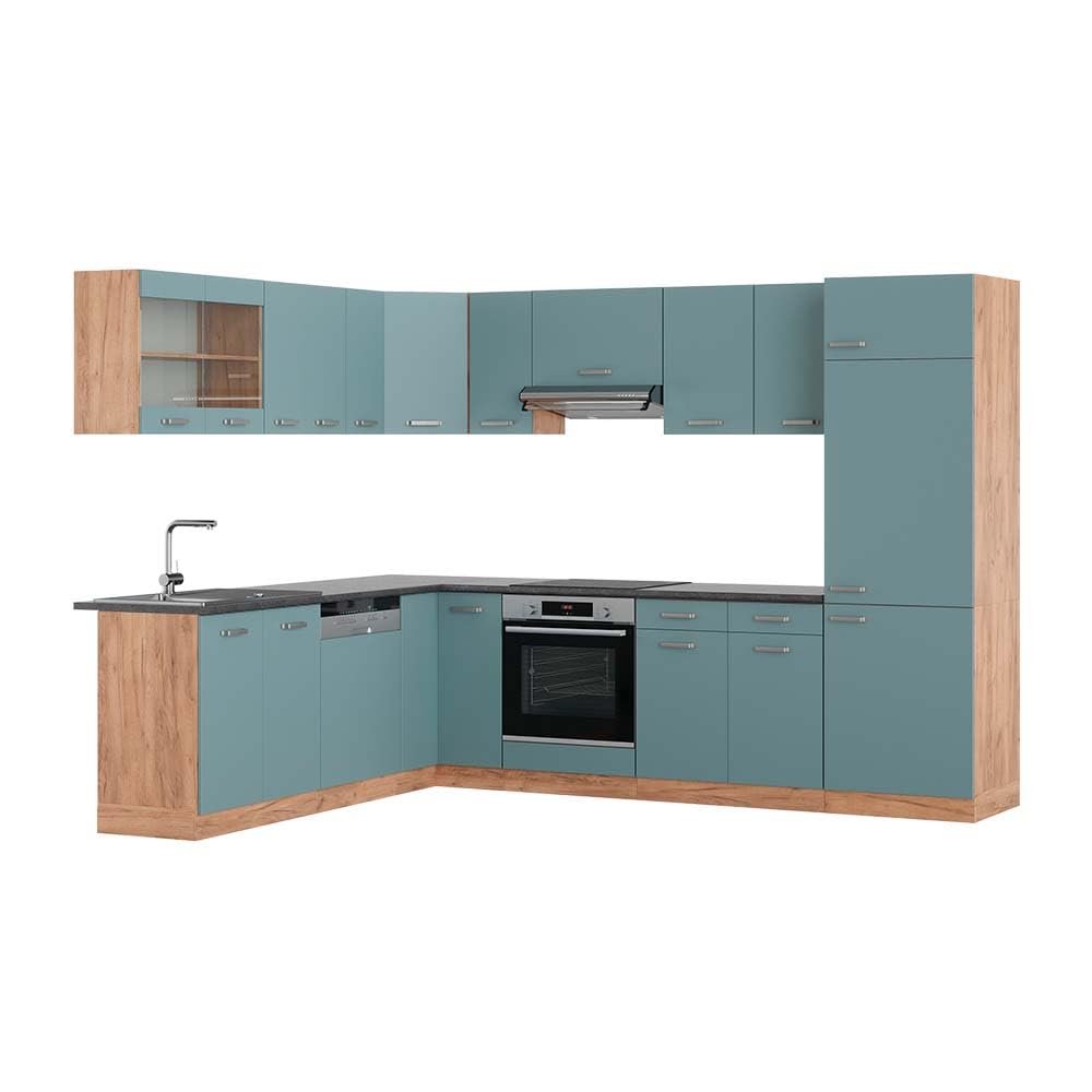 Vicco R-Line Corner Kitchen, Blue-Gray/Goldkraft Oak, 287 x 227 cm