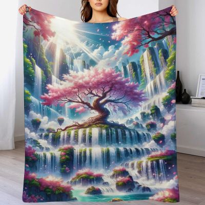 Soft Flannel Fleece Throw Blanket with Japanese Cherry Tree Design, 130 × 150 cm