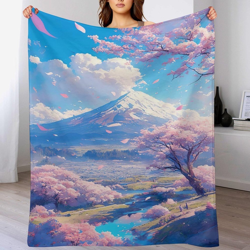 PAZZK Japanese-Style 3D Printed Flannel Fleece Throw Blanket, Soft Sofa and Bed Blanket, 130 x 150 cm
