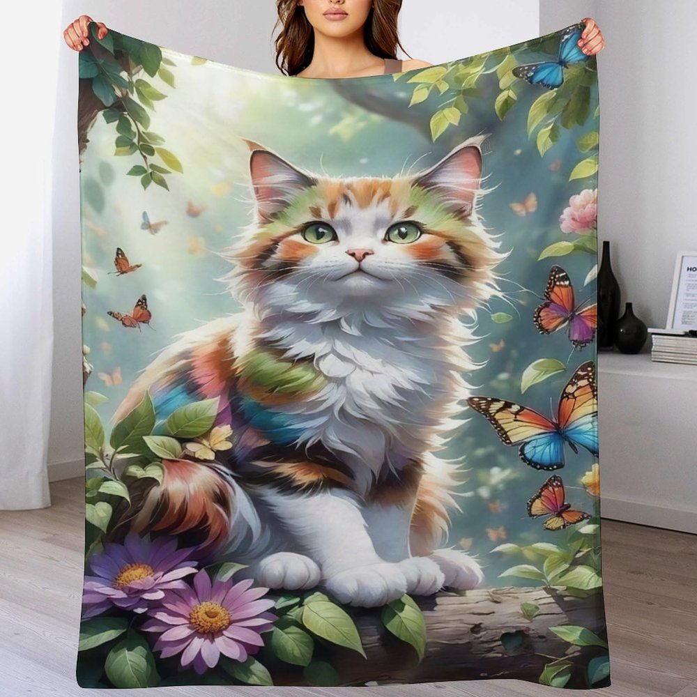 Cat Flannel Throw Blanket for Sofa, Soft Warm Wrinkle-Resistant Blanket, 180 x 200 cm