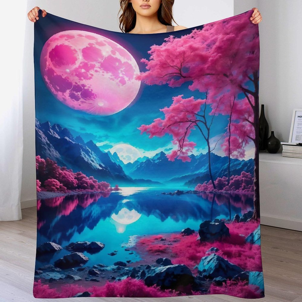 Japanese Cherry Tree Art Flannel Fleece Blanket, Lightweight and Super Soft, Printed Warm Throw, 130 x 180 cm