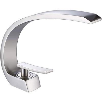 LSWYYP Waterfall Bathroom Faucet, Modern Single-Hole Faucet with Long Spout, Hot and Cold Water, Brushed Silver