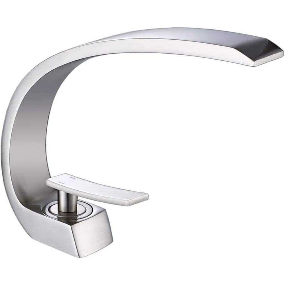 LSWYYP Waterfall Bathroom Faucet, Modern Single-Hole Faucet with Long Spout, Hot and Cold Water, Brushed Silver