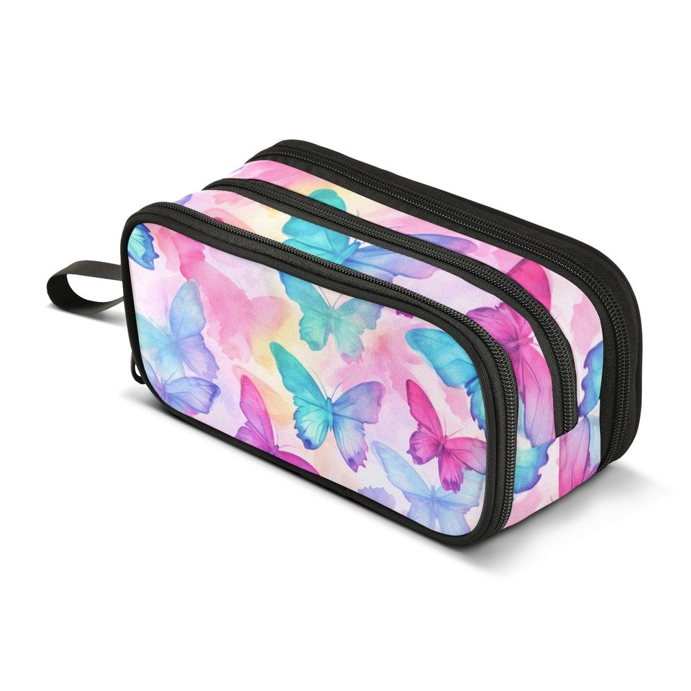 Rainbow Butterfly Pencil Case with 3 Compartments, Large Capacity