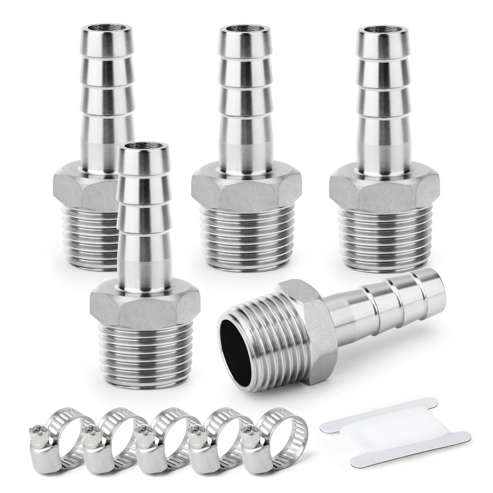 ERGAOBOY 5-Piece 304 Stainless Steel Hose Fittings, 8 mm Hose Barb to 3/4" BSP Male Thread