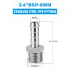 ERGAOBOY 5-Piece 304 Stainless Steel Hose Fittings, 8 mm Hose Barb to 3/4" BSP Male Thread view 2