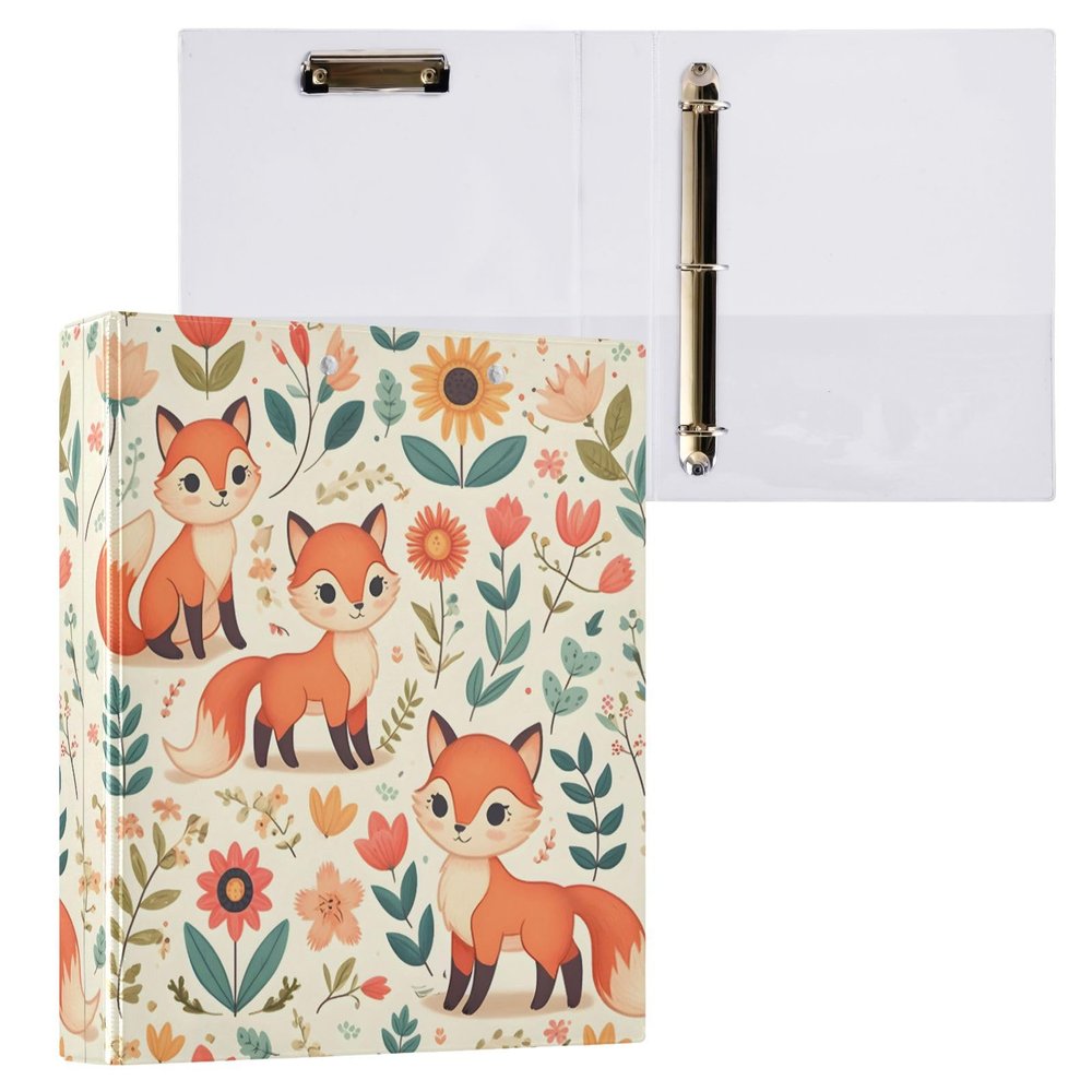 3-Ring Binder with Cute Fox and Floral Design