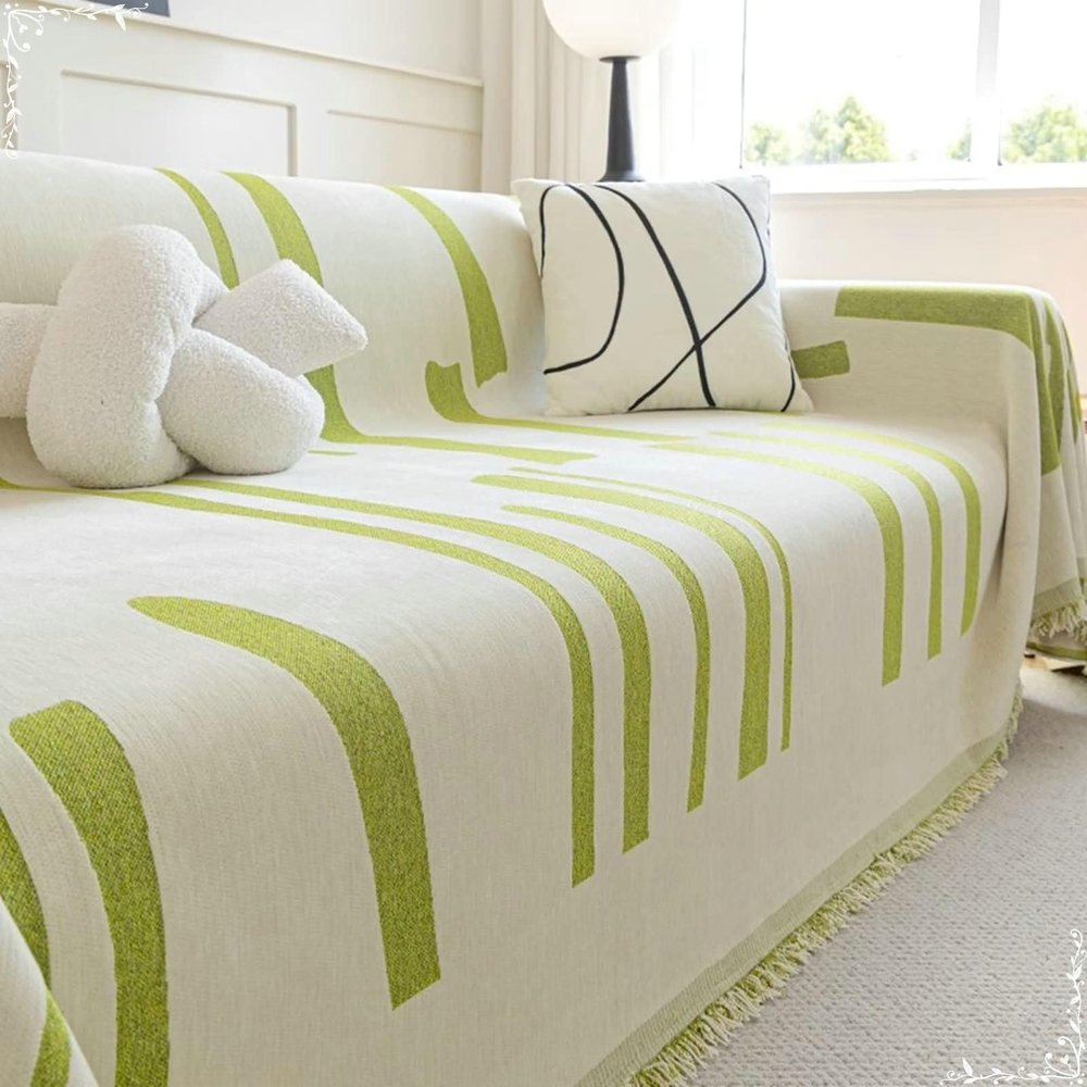 Bishilin Chenille Sofa Cover for 4-Seat Corner Sofa, Green Striped with Tassels, 180 × 420 cm