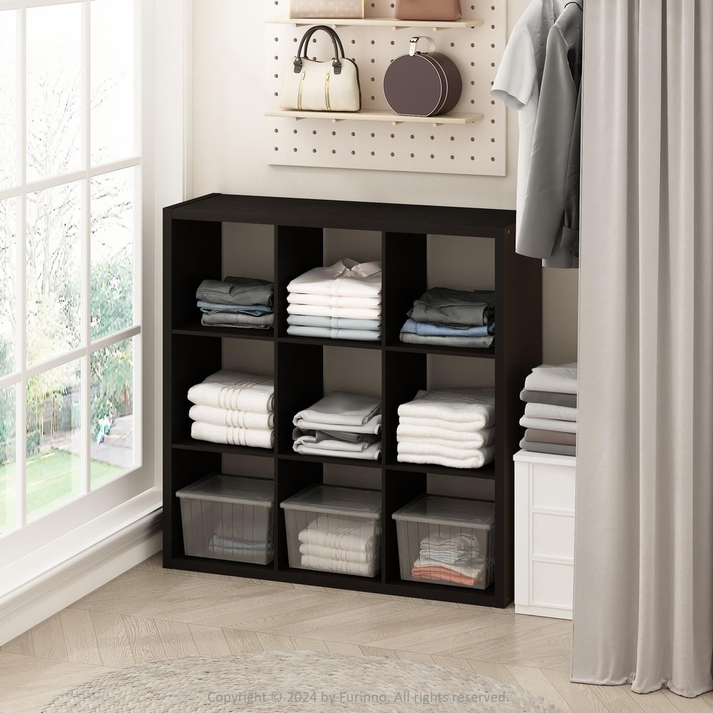 Furinno Cubic Open-Back Shelf for Clothing & Closet Storage, 9 Cubes, Dark Oak