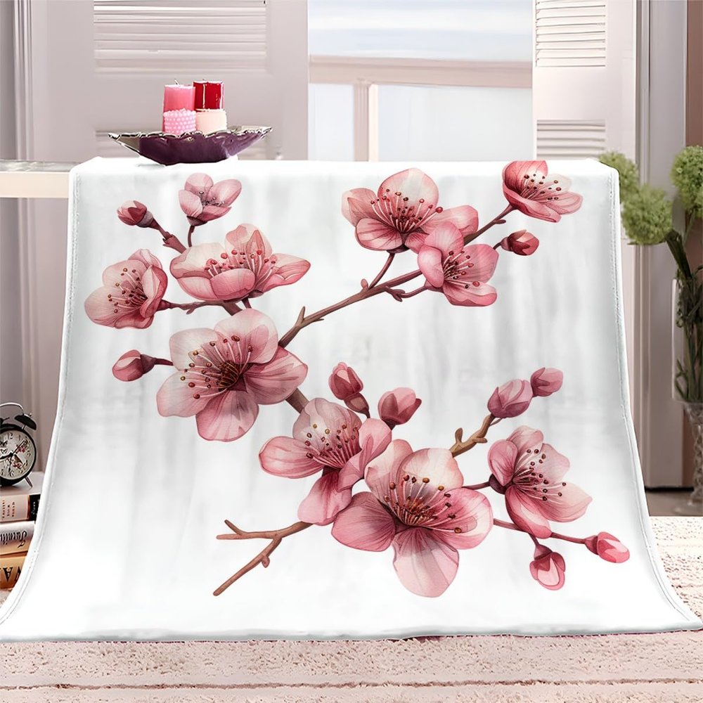 3D-Printed Cherry Blossom Pink Plush Throw Blanket, 180 x 200 cm