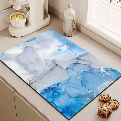 Odot Dish Drying Mat, Marble Pattern, Quick-Drying, Aqua Blue, 40 x 60 cm