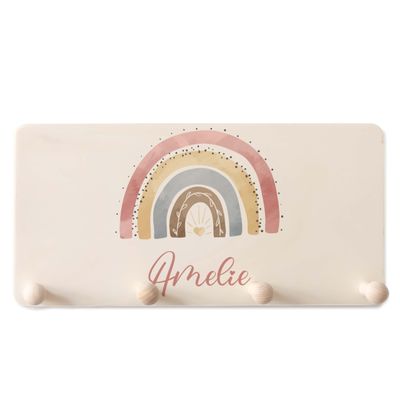 Personalized Children's Wall Coat Rack with Name, 4 Wooden Hooks, Rainbow, 40 x 20 cm