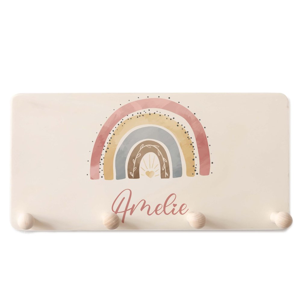 Personalized Children's Wall Coat Rack with Name, 4 Wooden Hooks, Rainbow, 40 x 20 cm