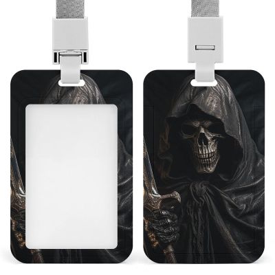 Vertical ID Badge Holder with Lanyard, Skeleton in Bathrobe