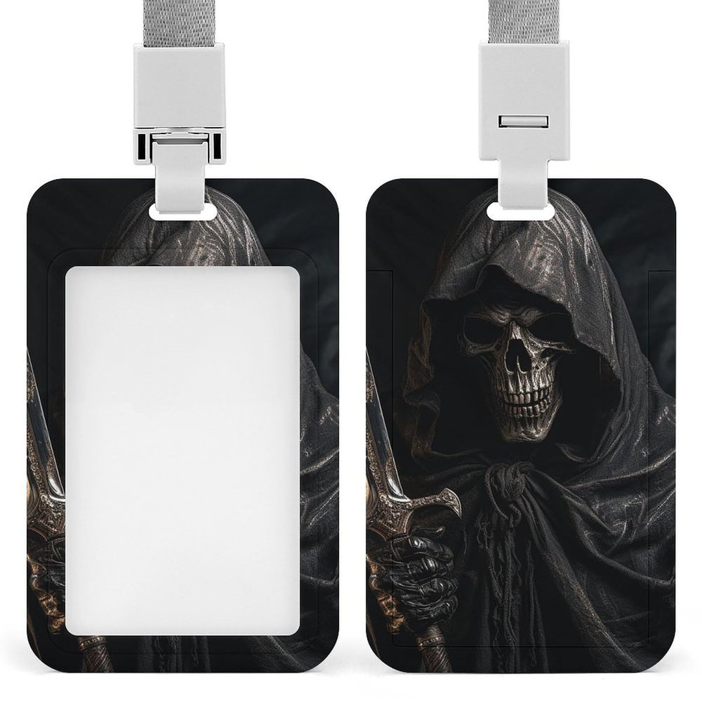 Vertical ID Badge Holder with Lanyard, Skeleton in Bathrobe
