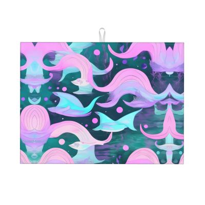 Mermaid Dish Drying Mat, Absorbent Microfiber, Reversible and Non-Slip, 18 x 24 in, Pastel Pink