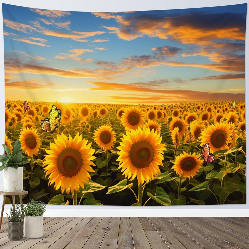 LB Orange Sunflower Wall Tapestry with Butterfly and Green Plant, 150 x 130 cm