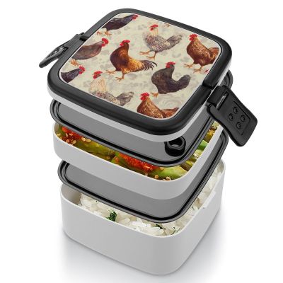 LMNGH Bento Box, Stackable Lunch Box with Utensils, Chicken Print