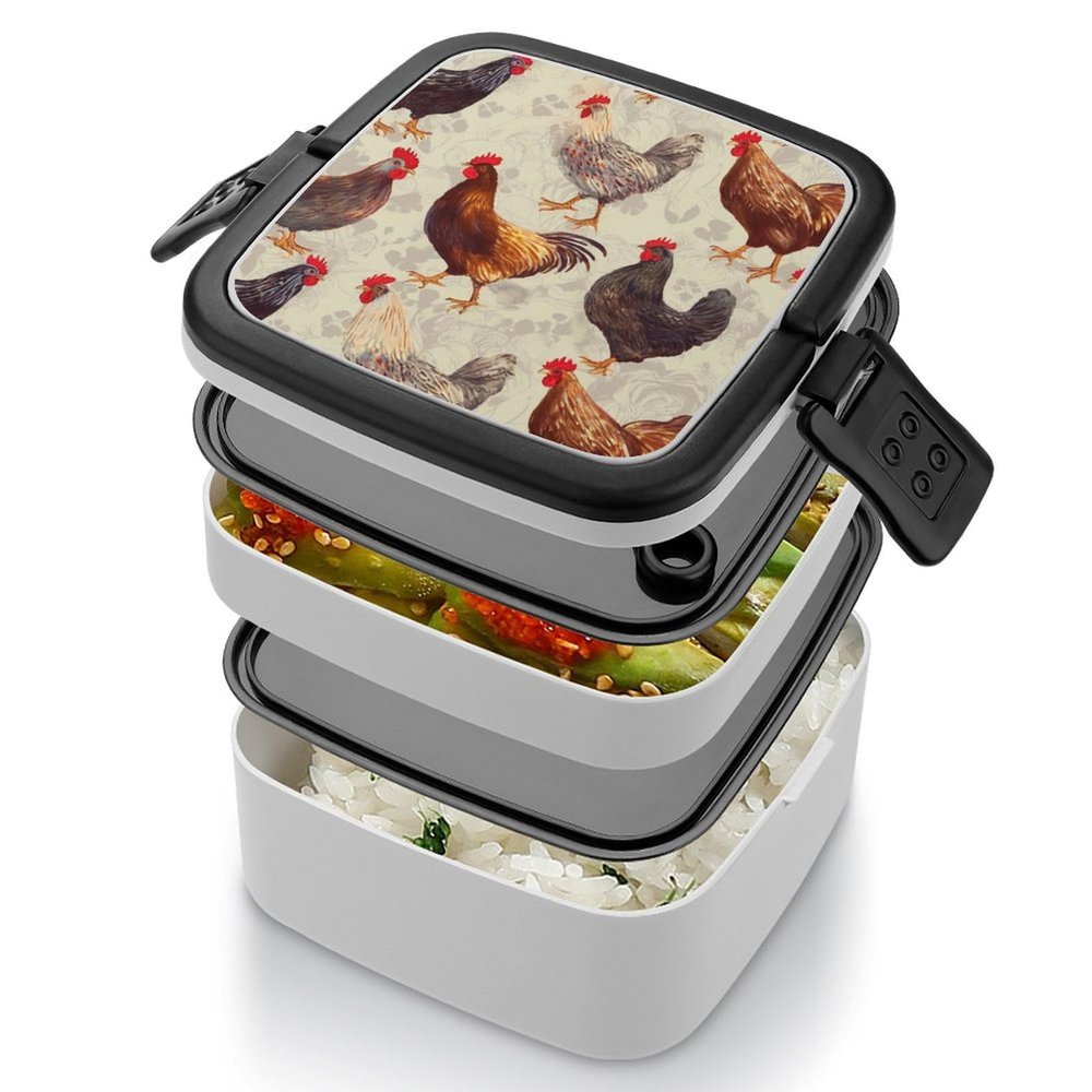 LMNGH Bento Box, Stackable Lunch Box with Utensils, Chicken Print