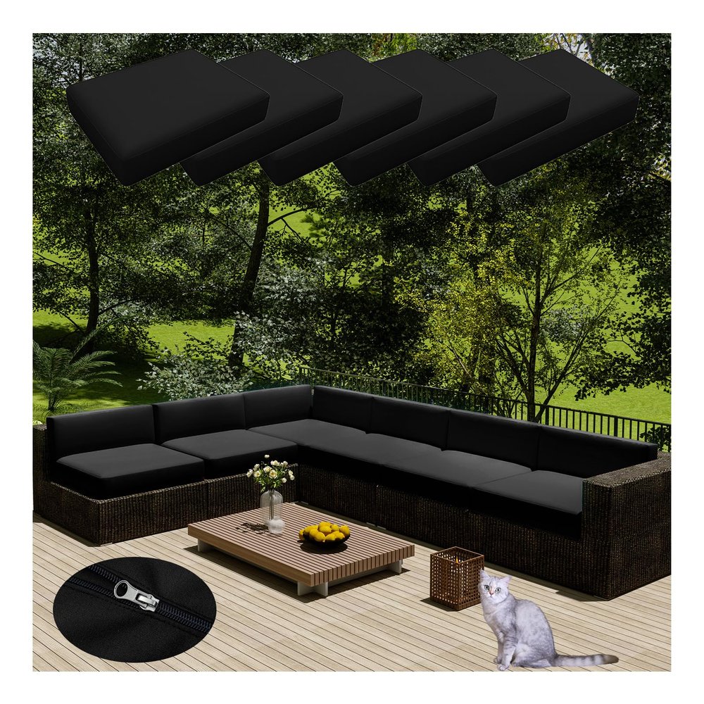 HonunGron 6-Pack Waterproof Sofa Seat Cushion Covers with Zippers, Fade-Resistant Outdoor Covers for Patio Furniture, 60 x 60 cm, Black