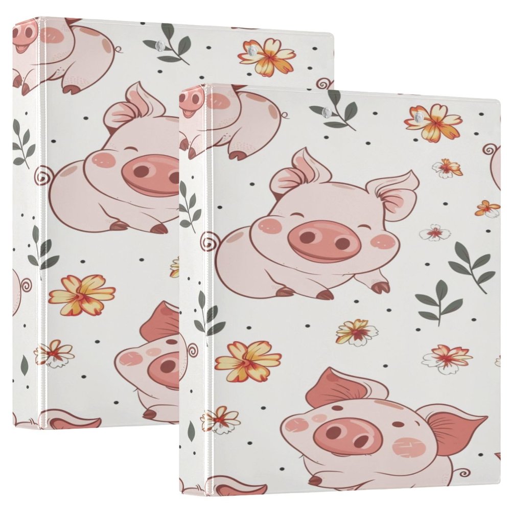 3-Ring Binder with Flower and Pig, 1.5 in, Round Rings for 200 Sheets, Non-Slip Metal Clip