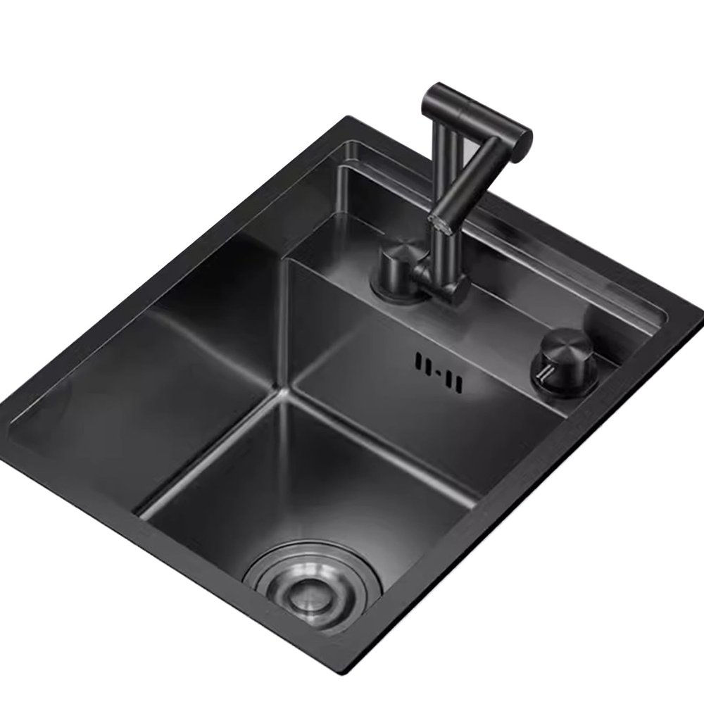 Stainless Steel Single-Bowl Kitchen Sink with Cover and Foldable Faucet, Black, 45 x 35 x 23 cm