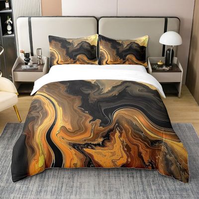 100% Cotton Brown Black Marble Duvet Cover 155x220 cm, Geometric Lines Comforter Cover for Boys, Girls & Teens, 1 Pillowcase