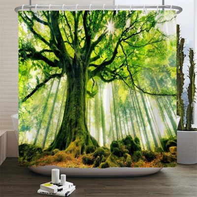 HNBFKD Waterproof Forest-Print Shower Curtain with Hooks, 85 x 180 cm