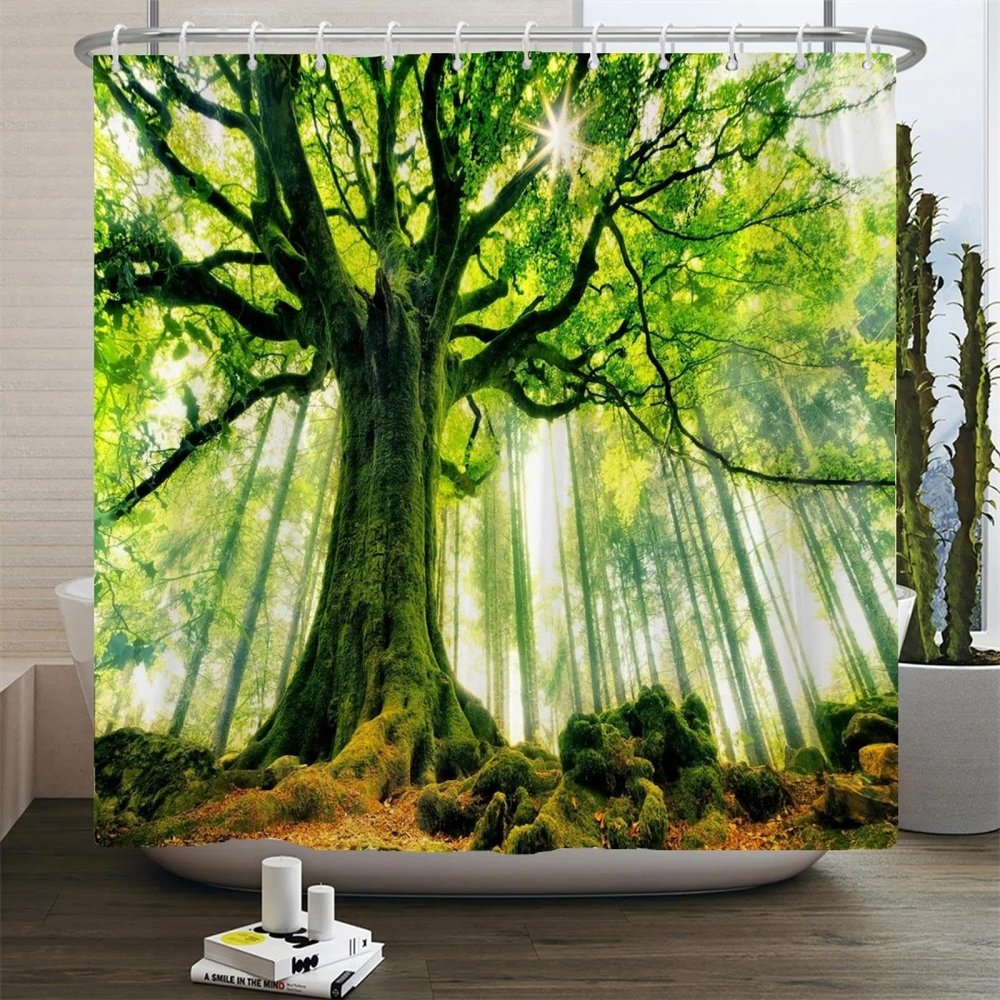HNBFKD Waterproof Forest-Print Shower Curtain with Hooks, 85 x 180 cm
