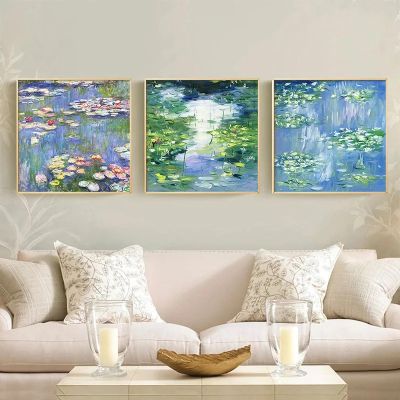 GELYX Abstract Monet Water Lilies Canvas Prints, Green Lily Floral Landscape Wall Art, 65 x 65 cm x 3, Unframed