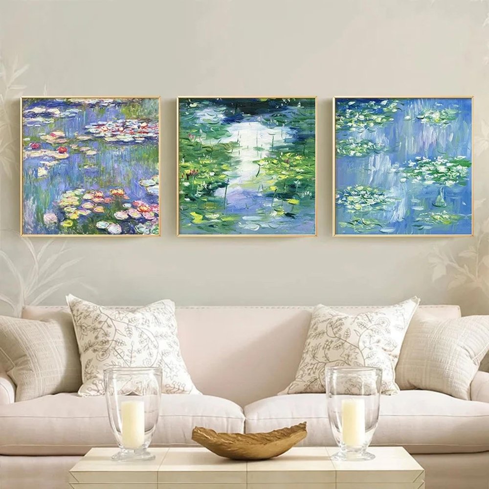 GELYX Abstract Monet Water Lilies Canvas Prints, Green Lily Floral Landscape Wall Art, 65 x 65 cm x 3, Unframed