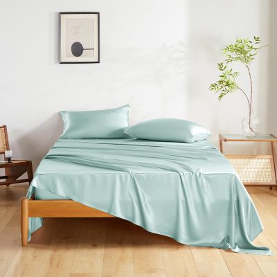 THXSILK 3-Piece Silk Bedding Set for Double Beds, Soft, Breathable, Cooling, Light Blue