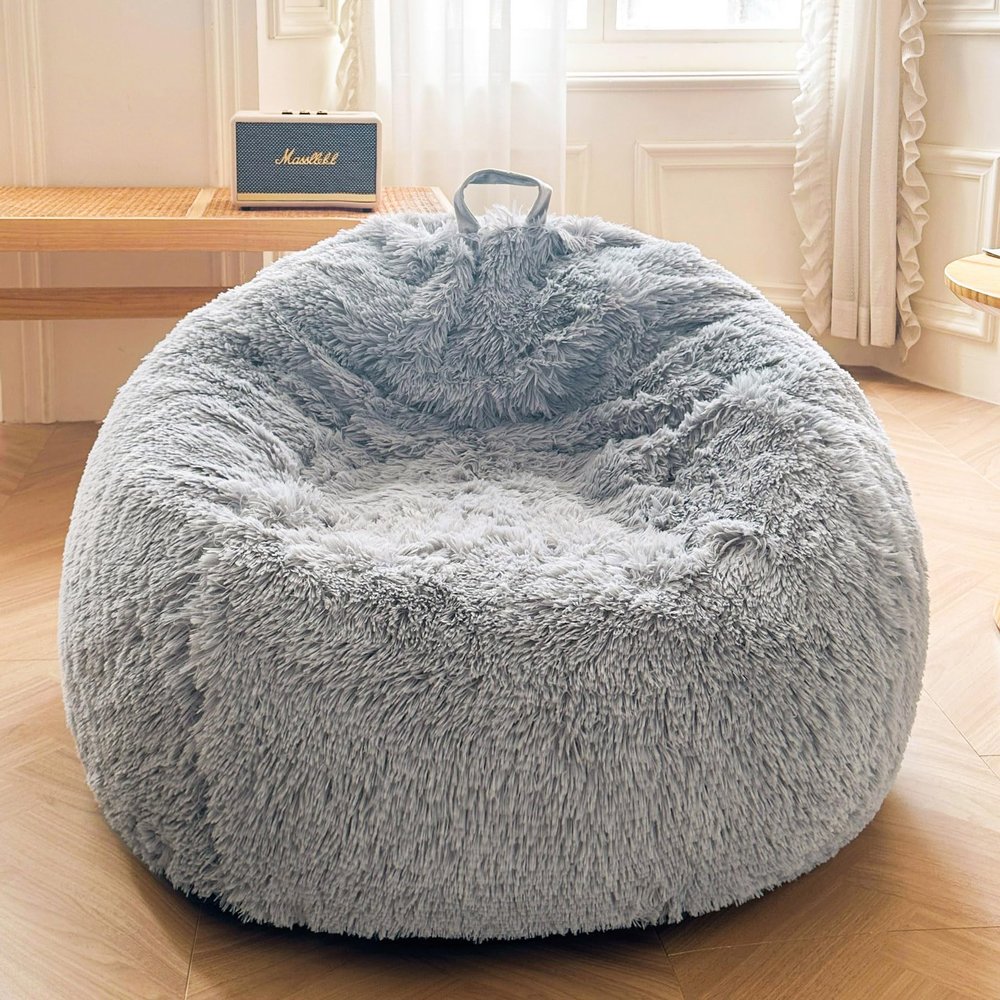XeGe Fluffy Plush Toy Storage Bean Bag Cover, Light Gray