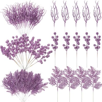 Glittery Christmas Tree Picks, 3 Styles, Berry Stems, Light Purple, 75-Piece